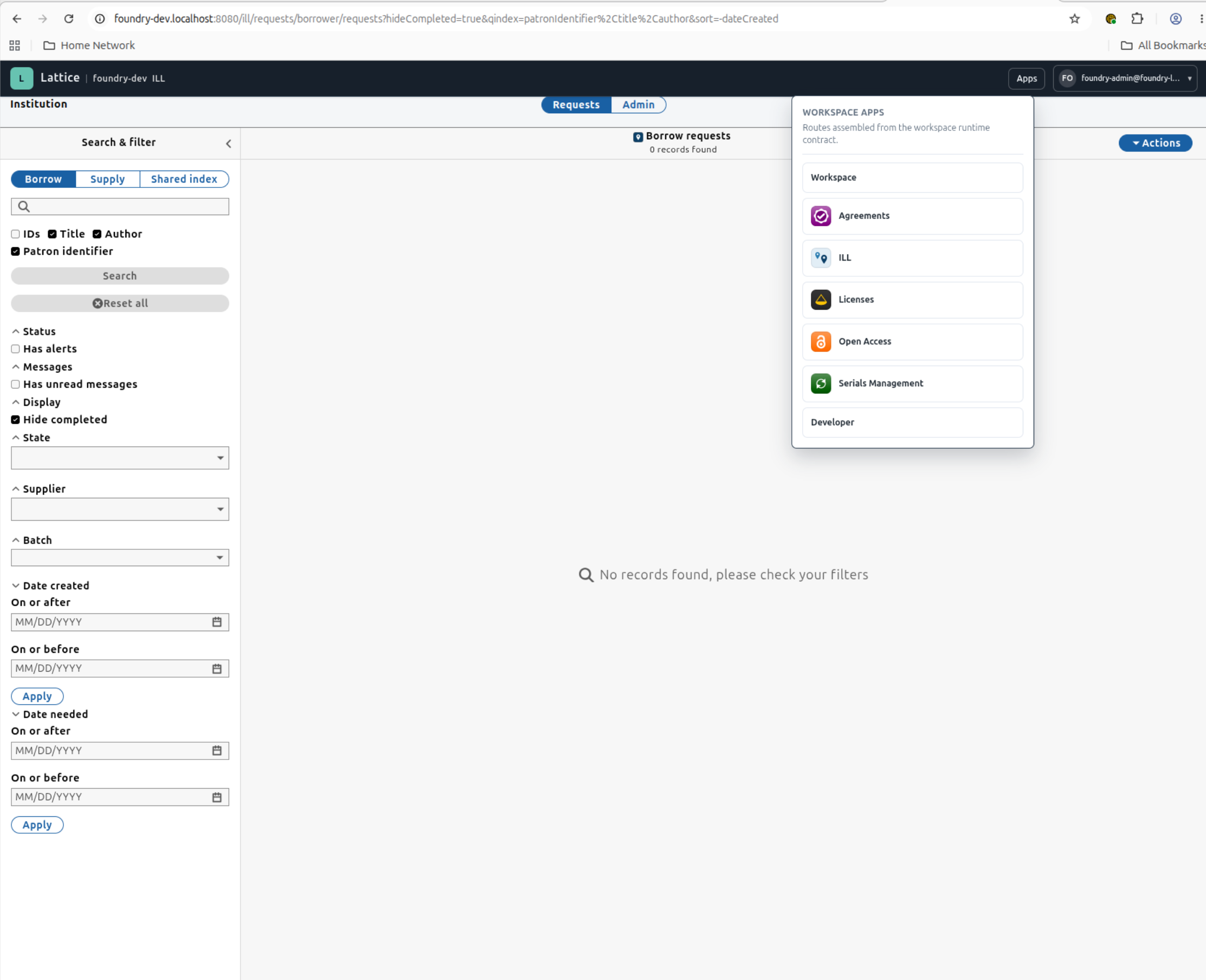 The Foundry Lattice shell showing the ILL application with the Apps menu listing Agreements, ILL, Licenses, Open Access, and Serials Management.