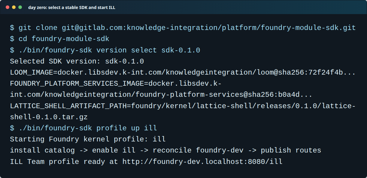 Terminal output showing the SDK version selection and ILL profile start command.