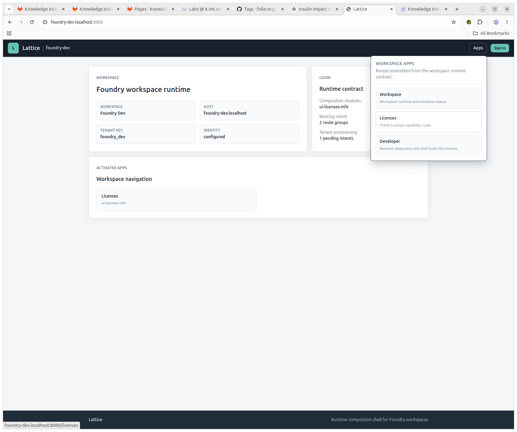 The Lattice app launcher showing Licenses as an available application.