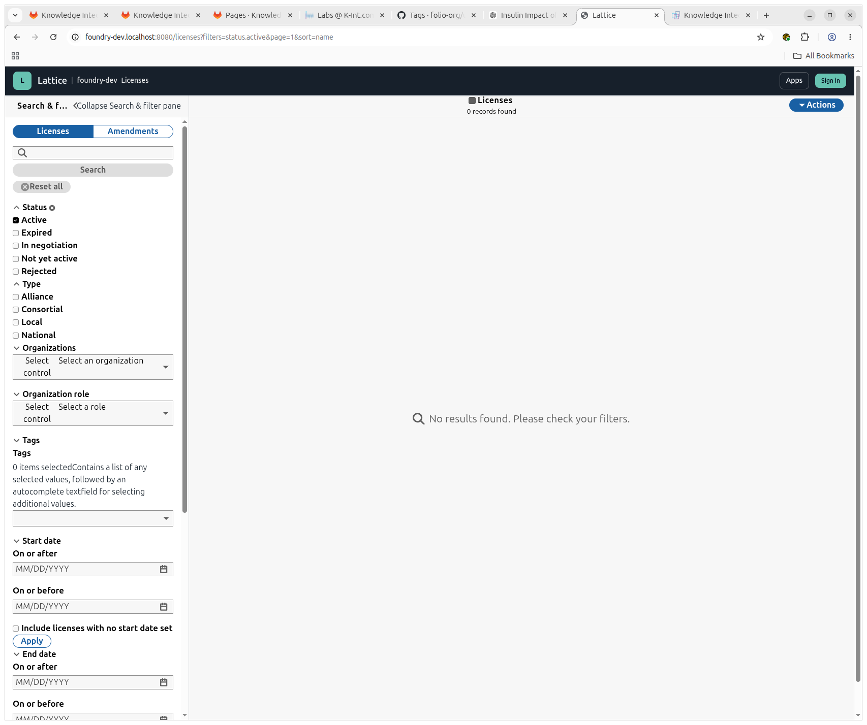 The Licenses search page running inside the Foundry app shell.