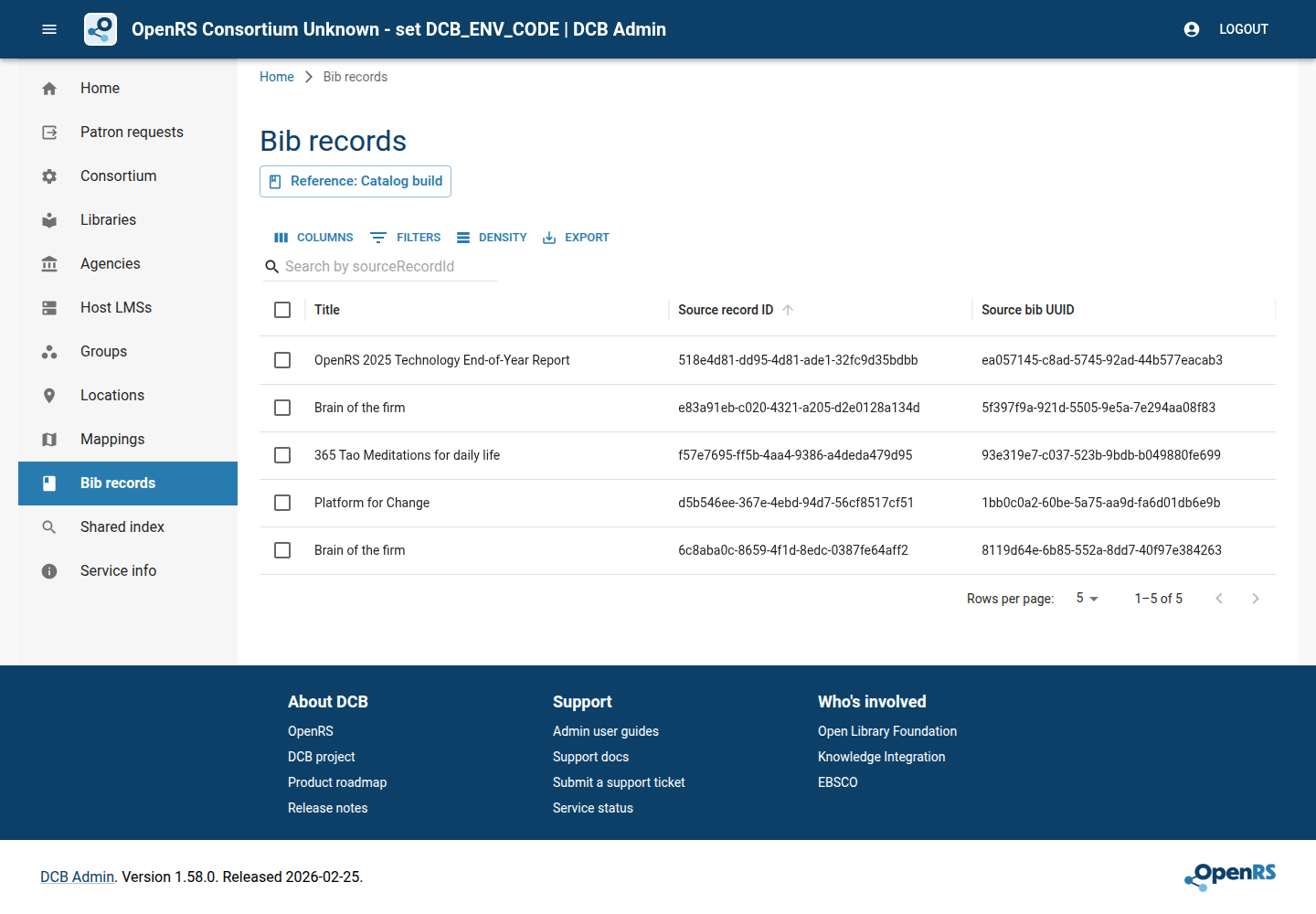 DCB Admin bib records screen showing harvested records including Brain of the firm and Platform for Change.