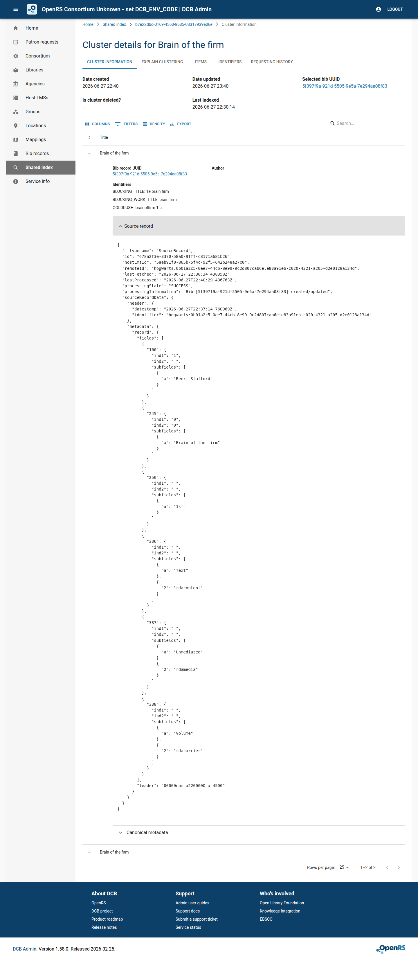 DCB Admin cluster details page for Brain of the firm with the first member row expanded and the source record detail open.