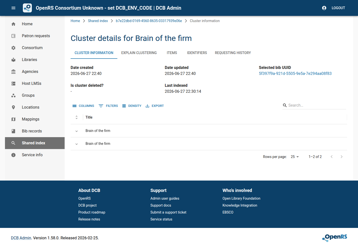 DCB Admin cluster details page for Brain of the firm showing two member records in the cluster.