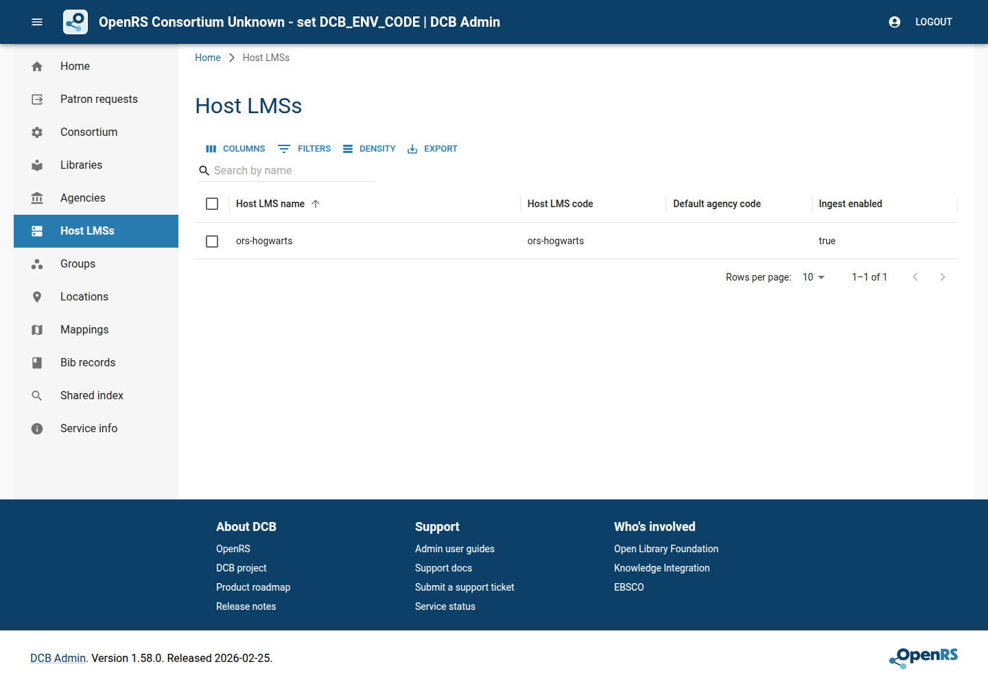 DCB Admin Host LMS screen showing the configured ors-hogwarts host LMS with ingest enabled.