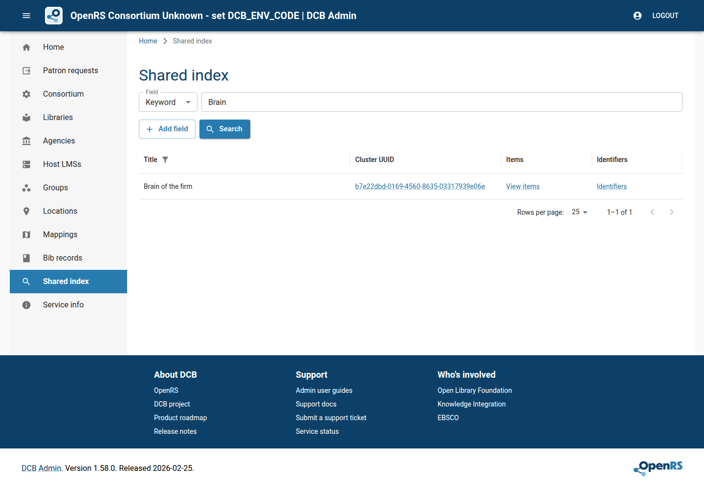 DCB Admin shared index search for Brain showing one coalesced Brain of the firm result.