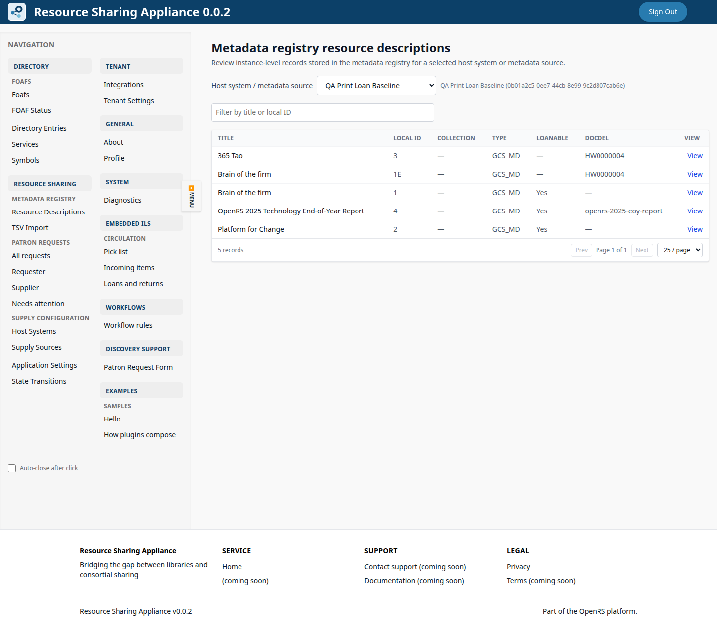 ORS-Appliance metadata registry showing seed resource descriptions including Brain of the firm and Platform for Change.