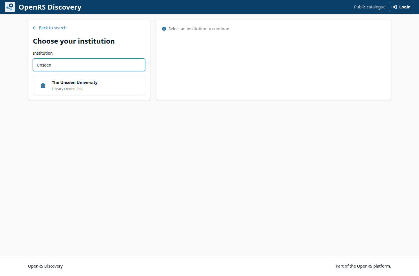 OpenRS Discovery institution picker showing The Unseen University as a library credential route.