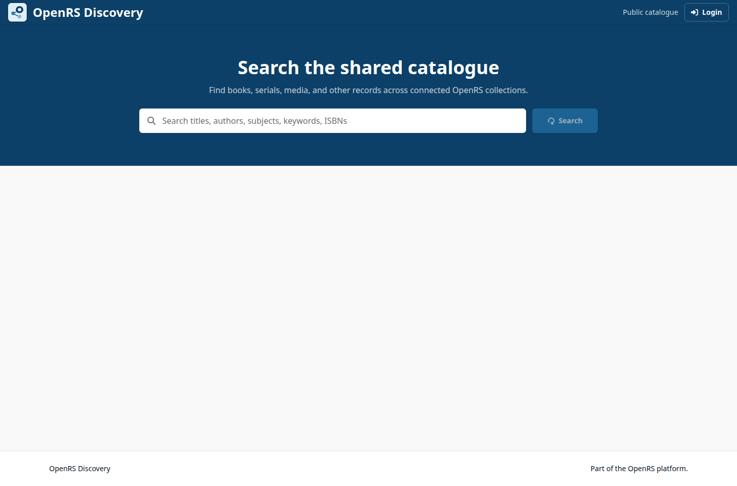 OpenRS Discovery home page with shared catalogue search and a Login button.