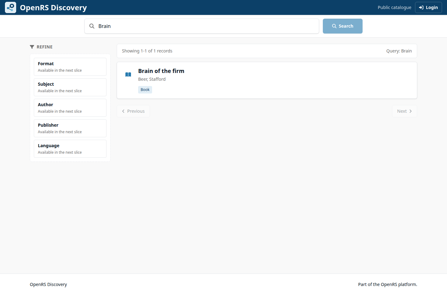 OpenRS Discovery search results for Brain with a compact search bar and refine rail.