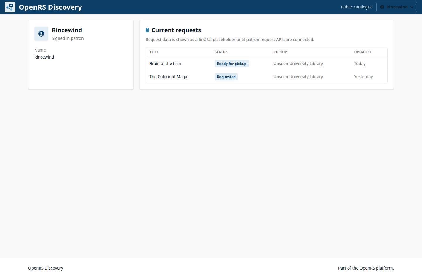 OpenRS Discovery patron account page for Rincewind with current request placeholders.