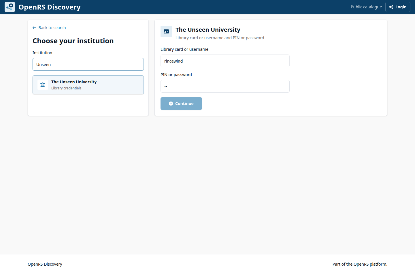 OpenRS Discovery local credential form for The Unseen University with Rincewind entered as username.