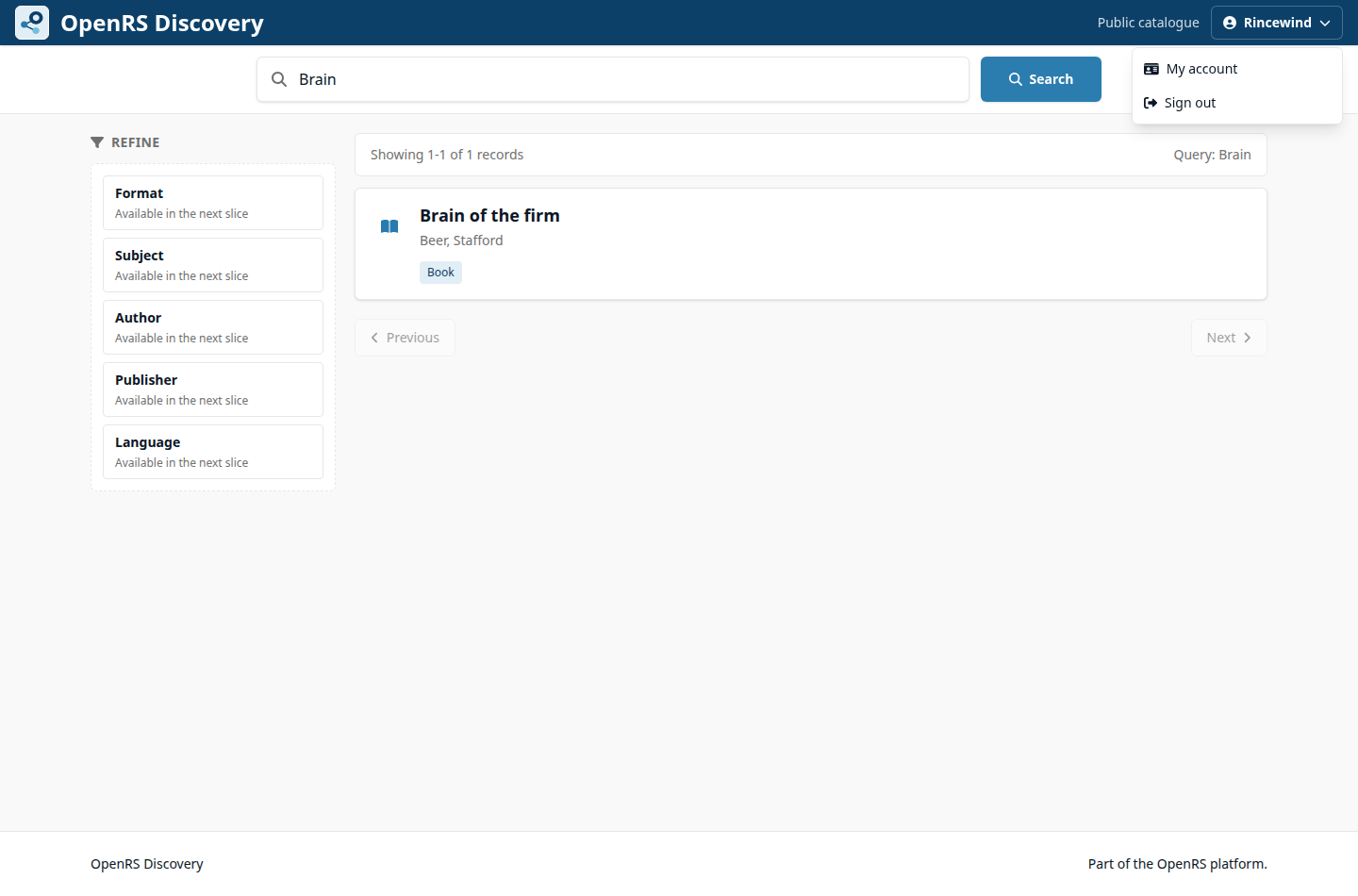 OpenRS Discovery user menu open for Rincewind with My account and Sign out actions.