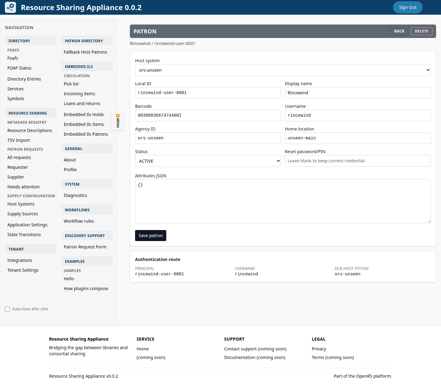 ORS-Appliance patron record view for Rincewind with local ID, barcode, username, home location, and status.