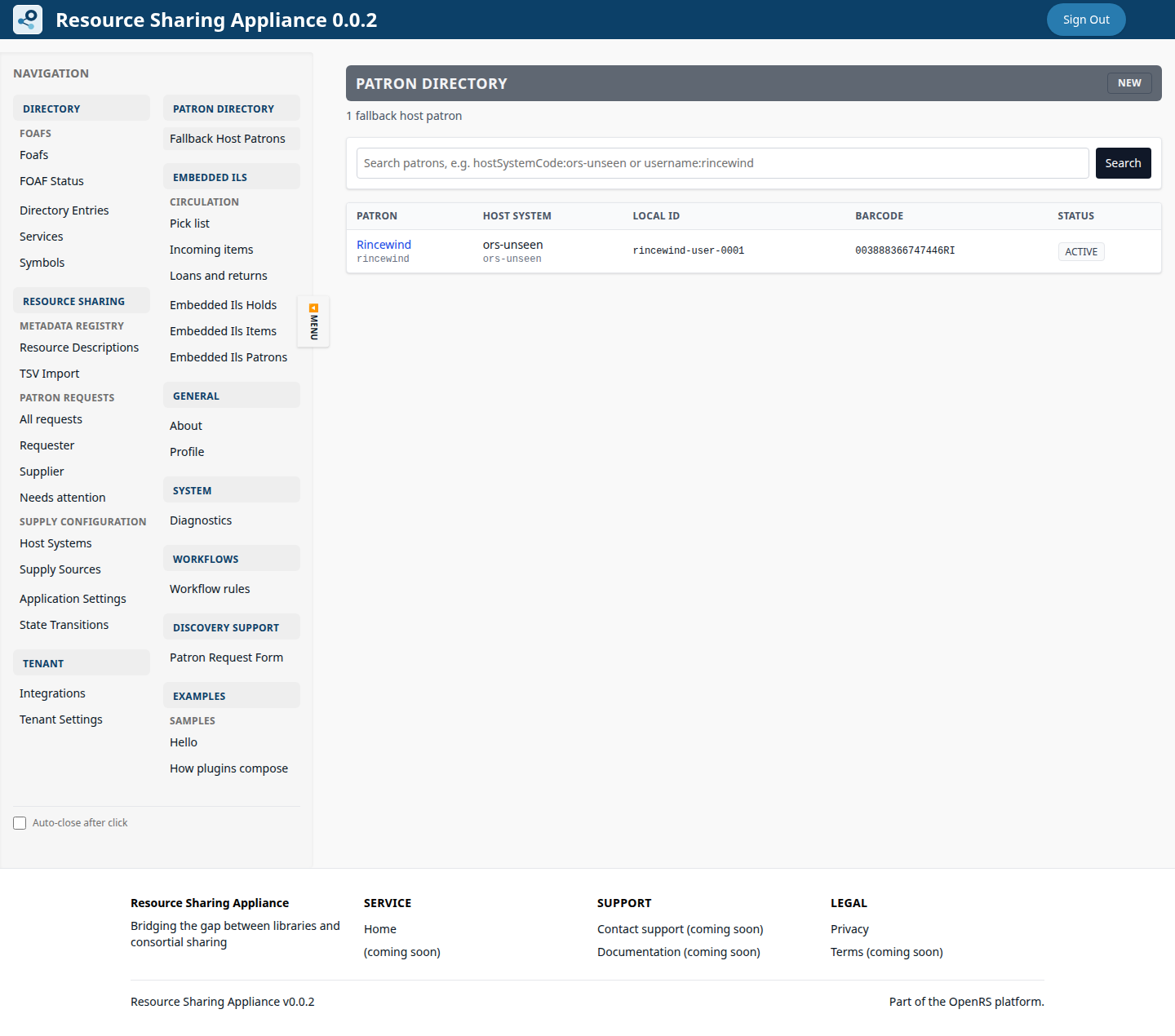 ORS-Appliance embedded patron registry list showing Rincewind.