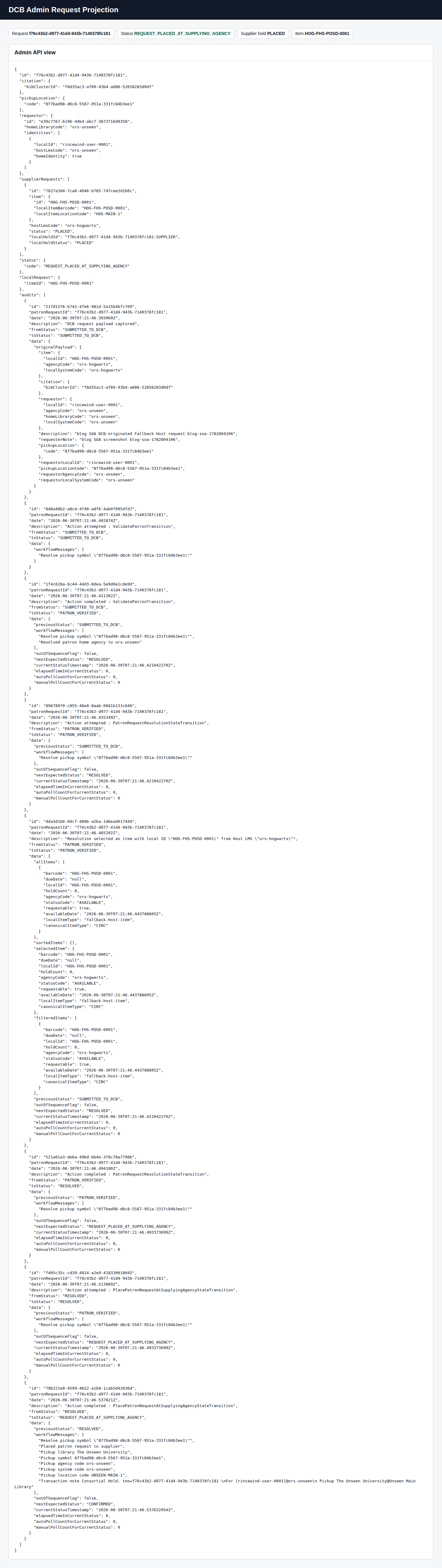 DCB admin projection showing the patron request, supplier request, placed status, and HOG-FHS-POSD-0001 item.