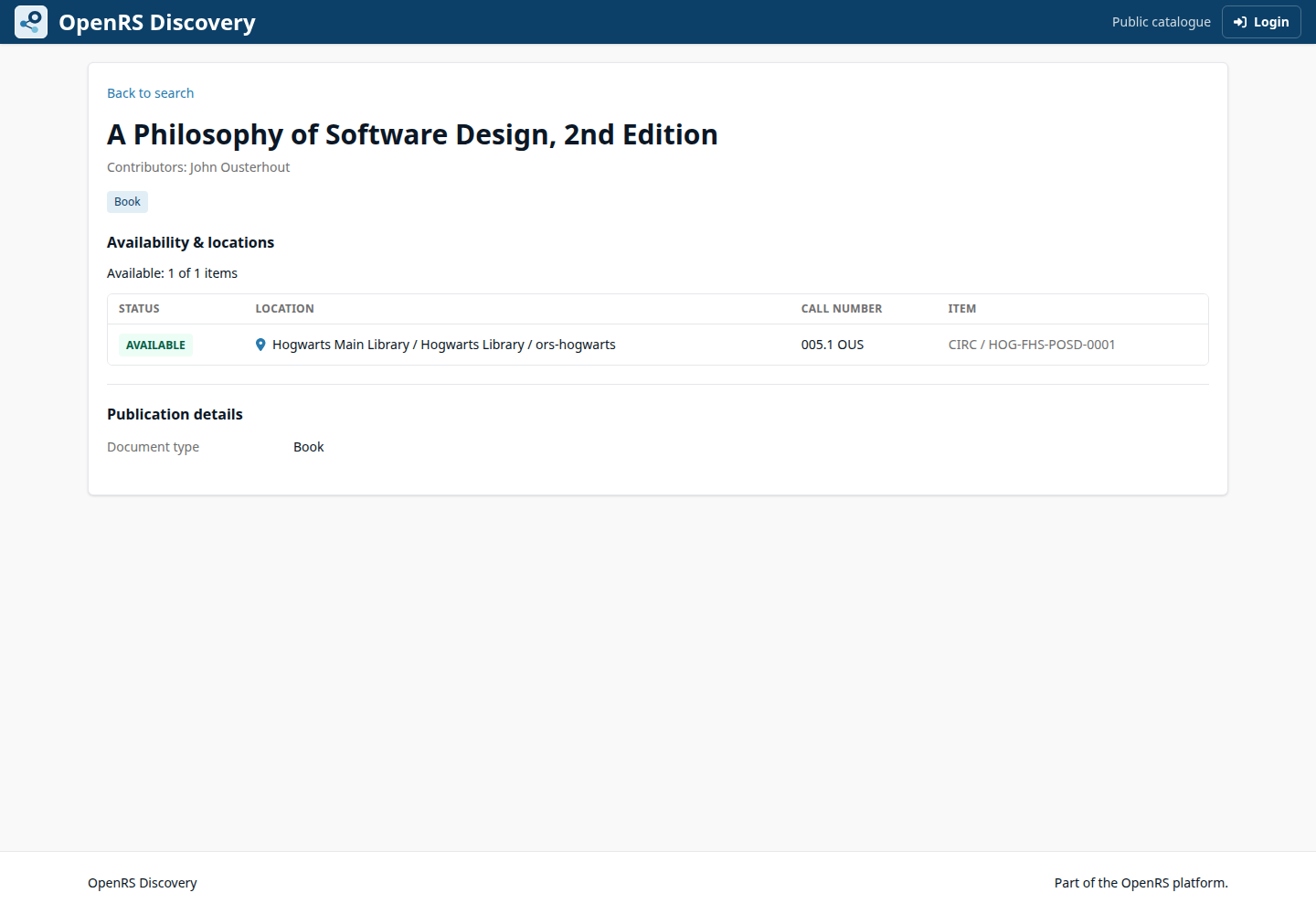 OpenRS Discovery detail page showing live availability for HOG-FHS-POSD-0001 at Hogwarts.