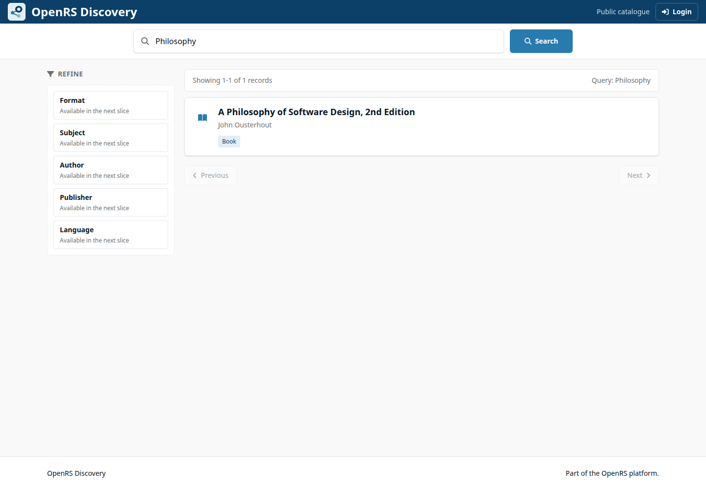 OpenRS Discovery search results for Philosophy showing A Philosophy of Software Design.