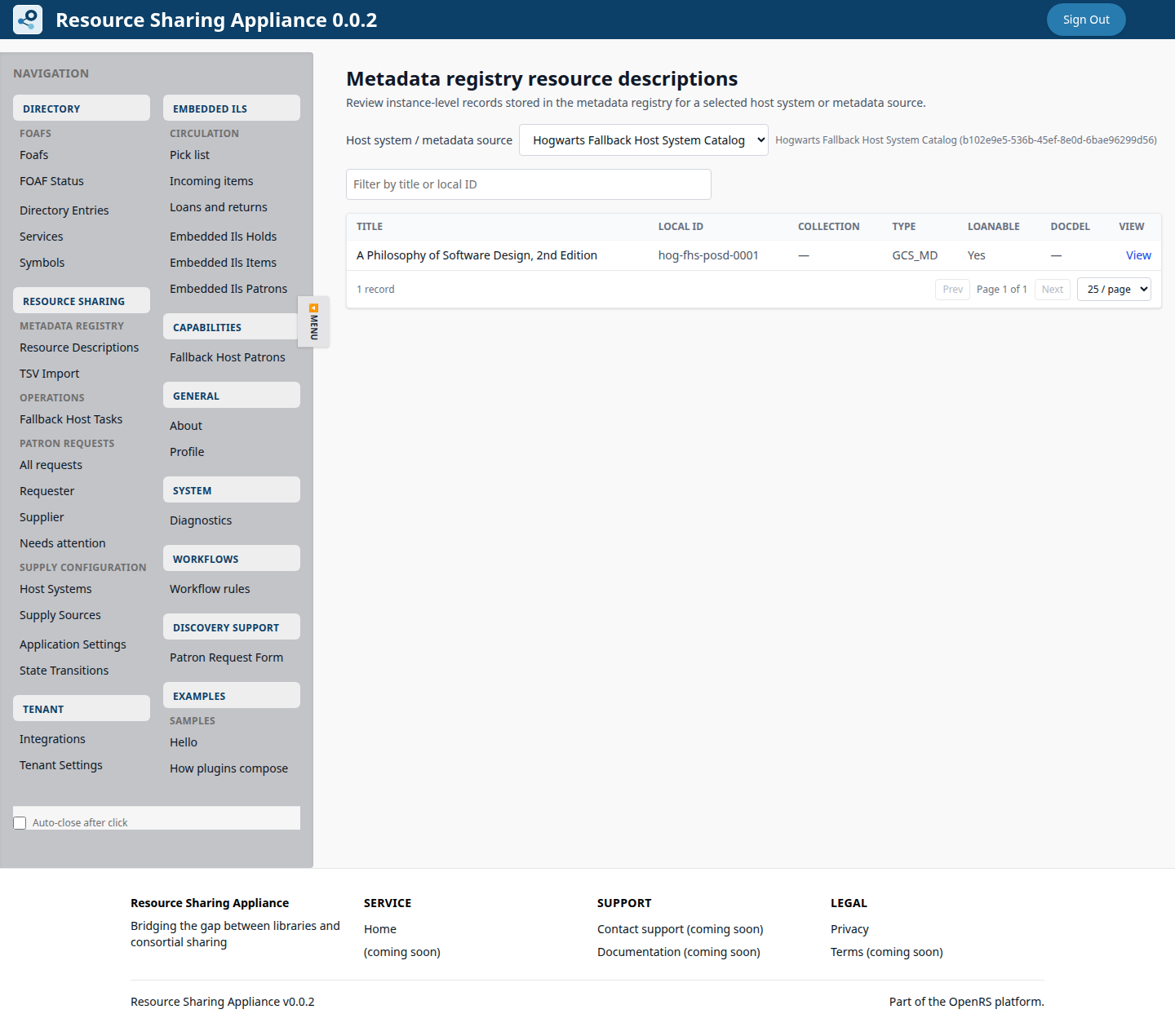 Hogwarts ORS-Appliance metadata registry showing A Philosophy of Software Design as a loanable resource description.
