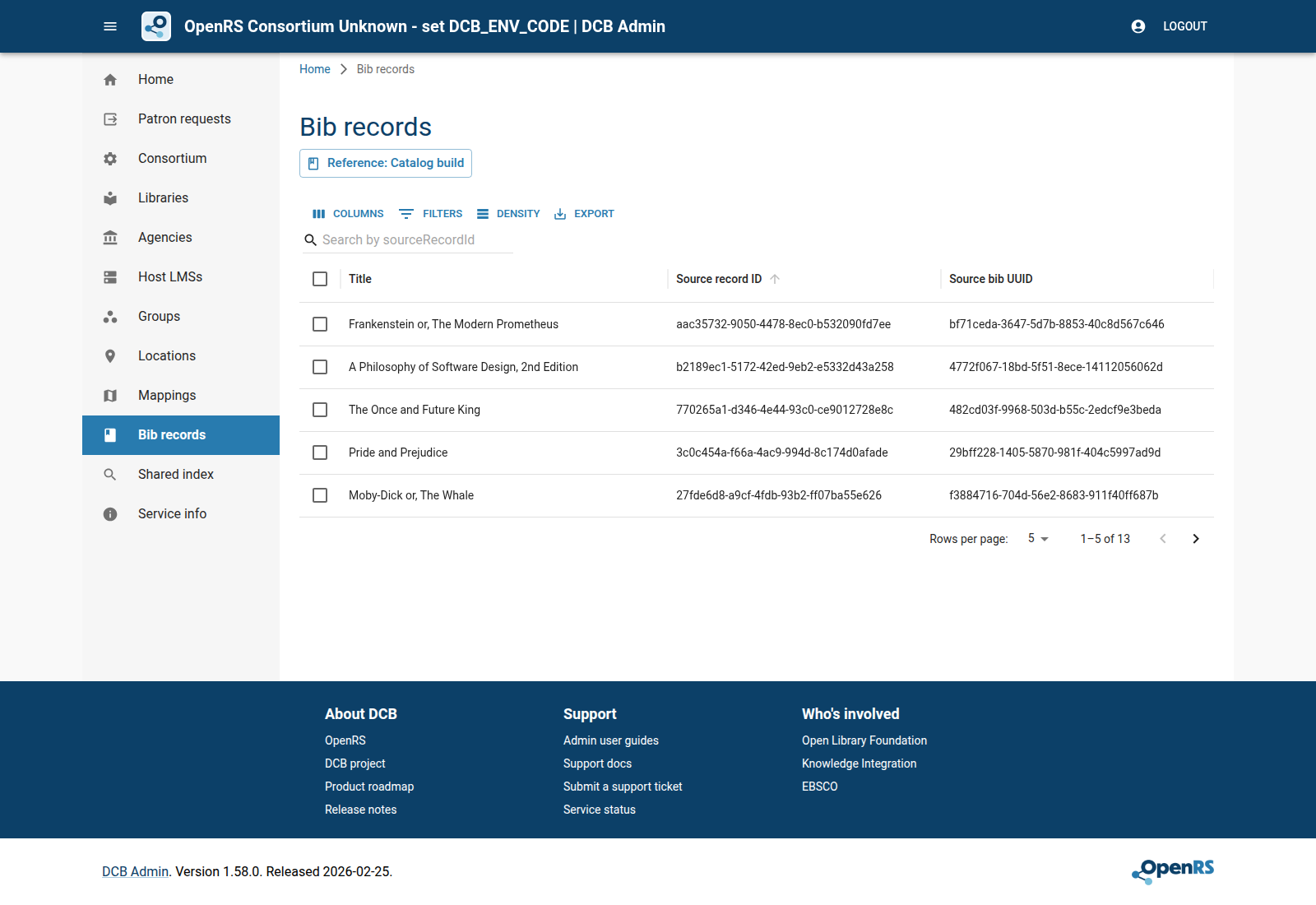 DCB Admin bib records screen showing harvested bibliographic records.