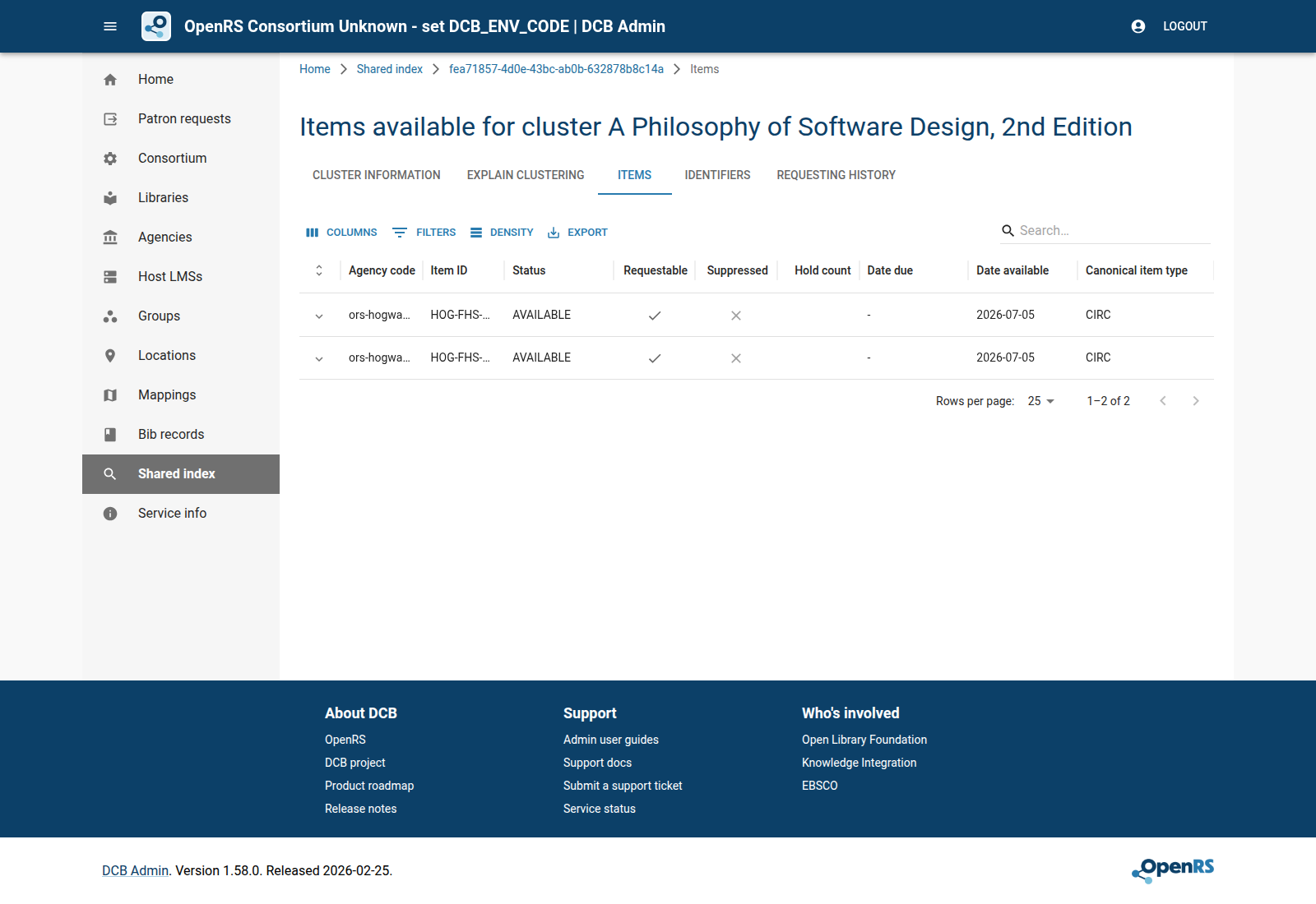 DCB Admin item availability for A Philosophy of Software Design showing two Hogwarts copies.