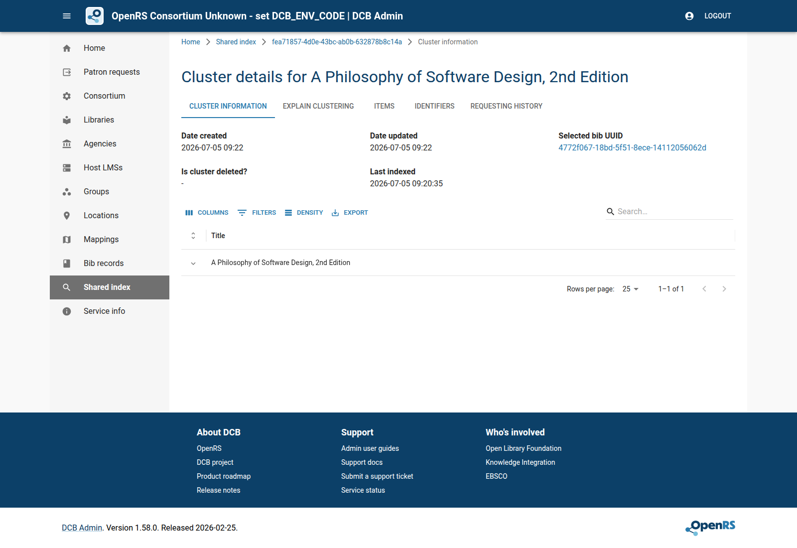 DCB Admin cluster details for A Philosophy of Software Design.