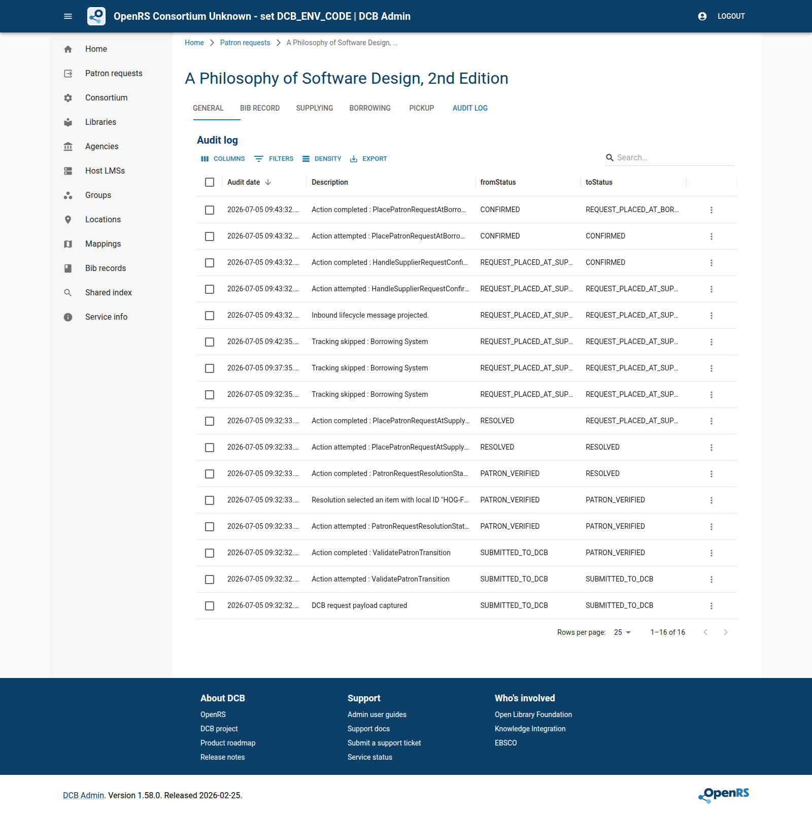 DCB Admin audit log after supplier confirmation and borrower AcceptItem projection.
