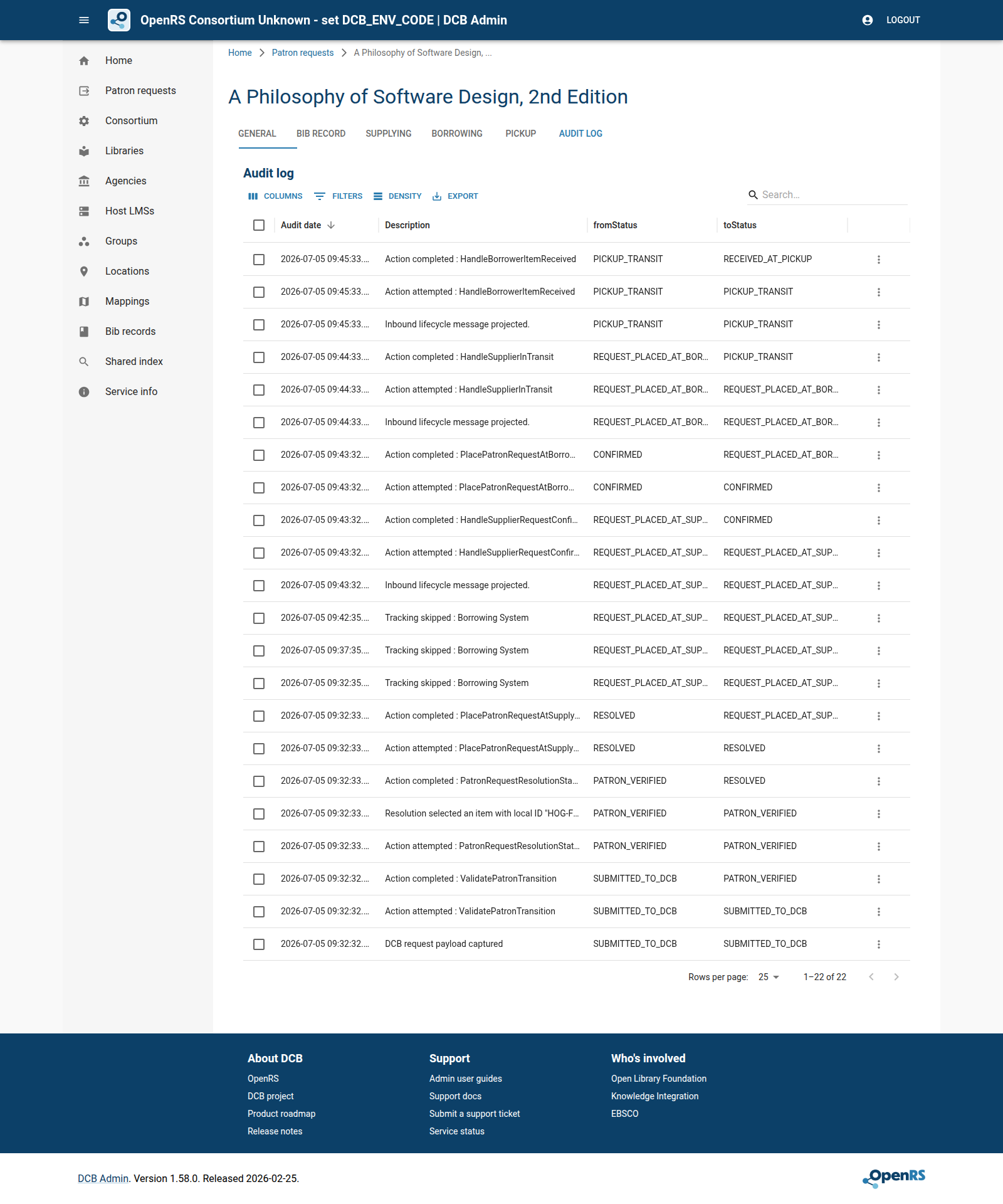 DCB Admin audit log after borrower receipt at pickup.