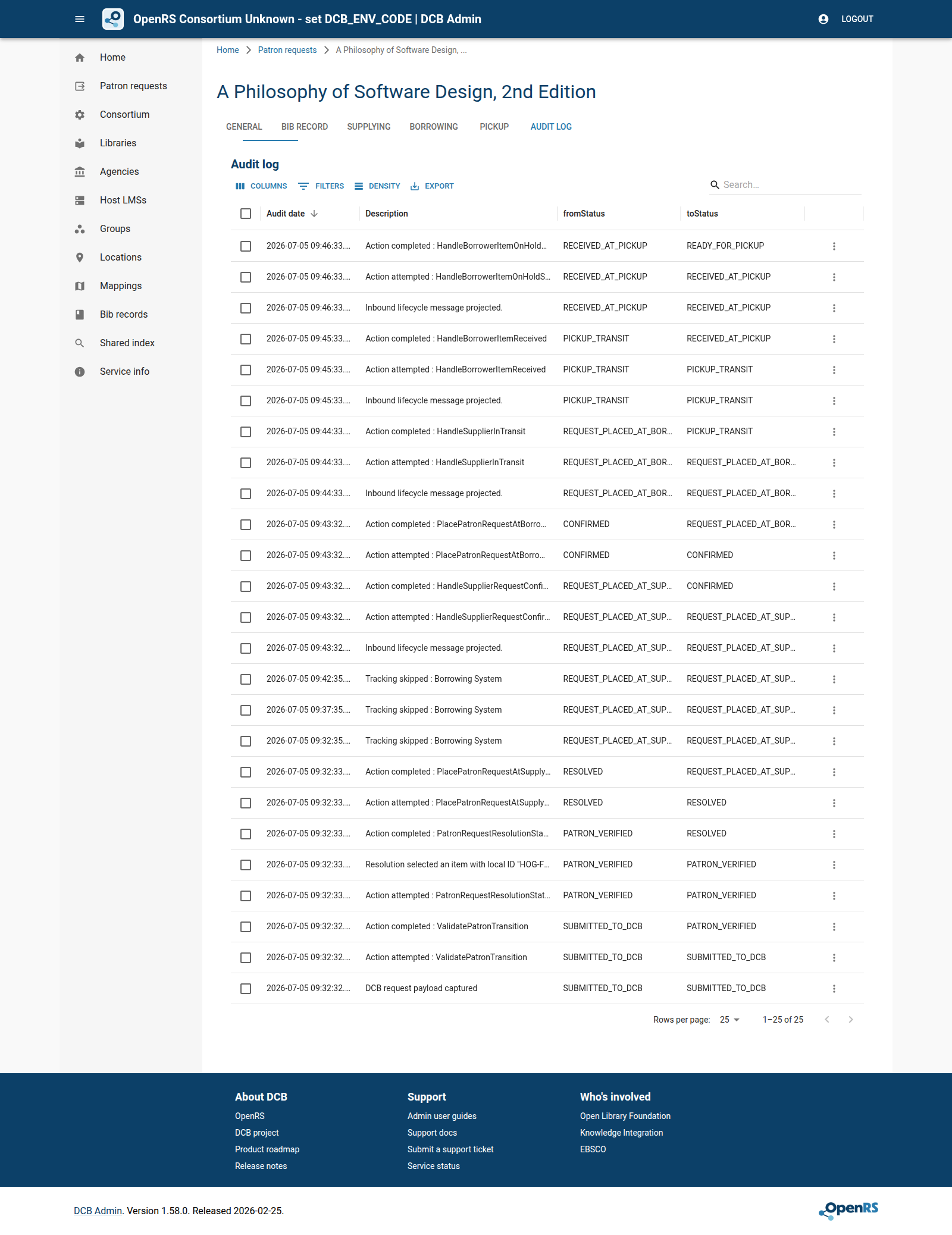 DCB Admin audit log after borrower check-in ready for pickup.