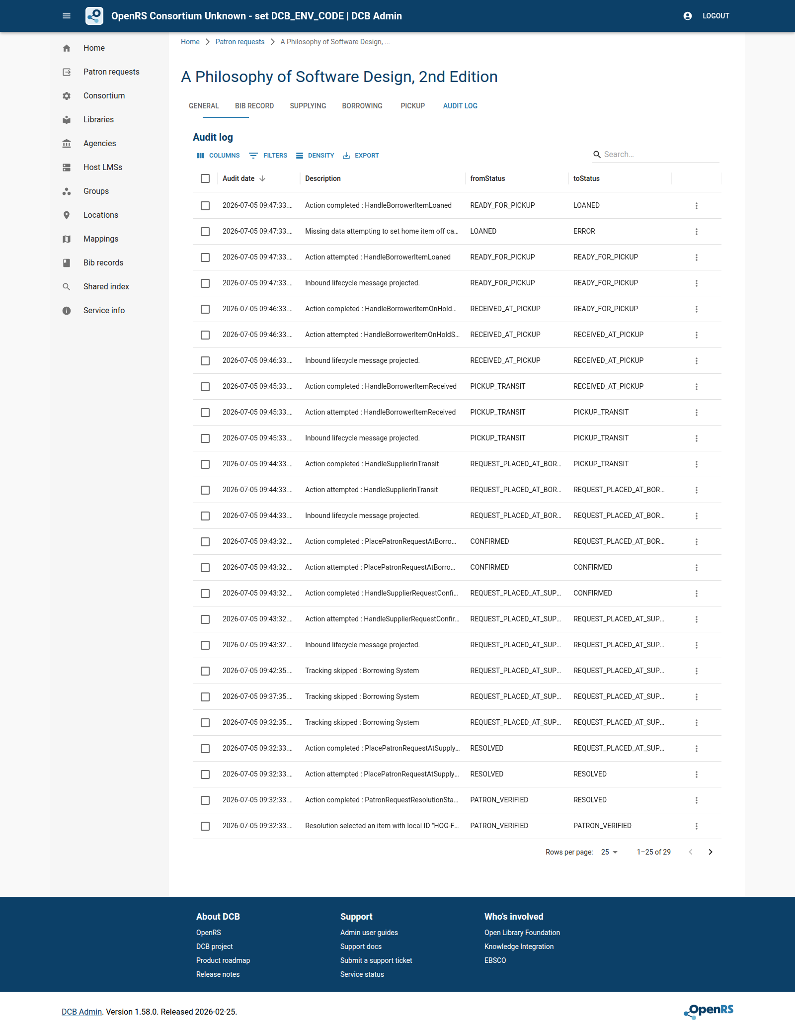 DCB Admin audit log after borrower checkout.
