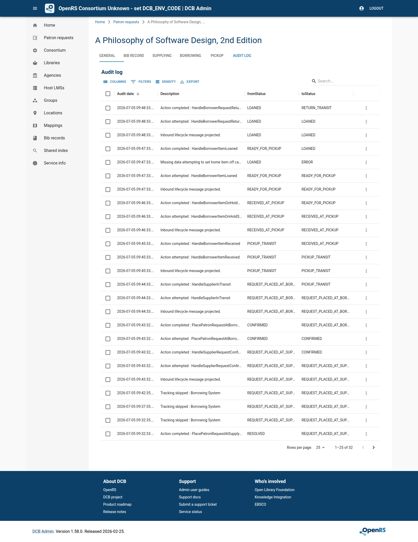 DCB Admin audit log after return shipment.