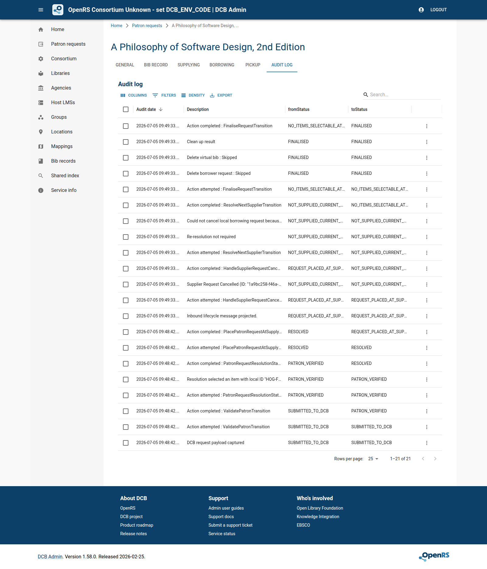 DCB Admin audit log after supplier declines a separate request as not supplied.