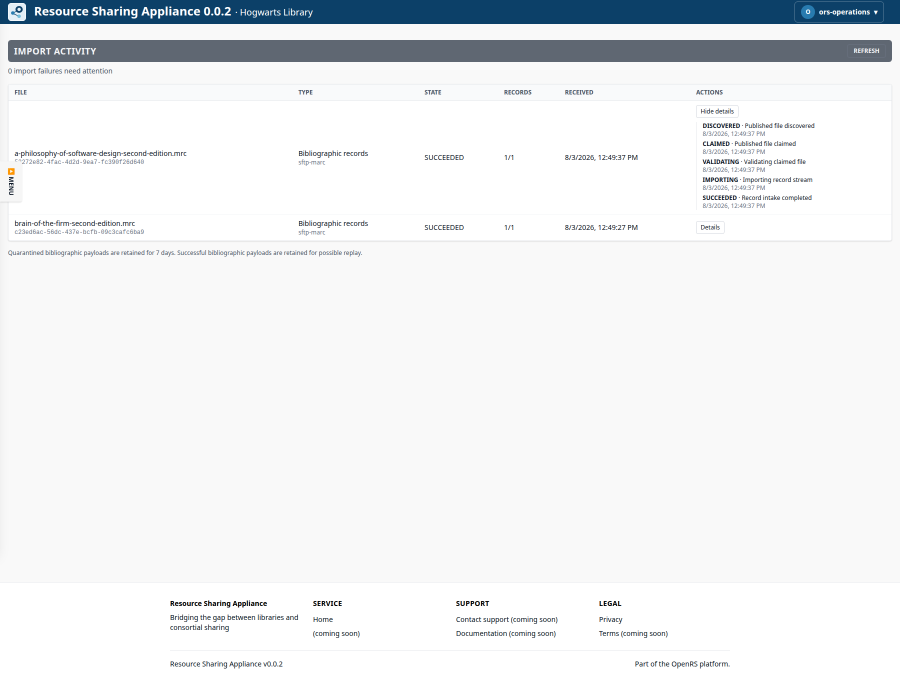 ORS-Appliance import activity showing two successful SFTP MARC files and the expanded lifecycle of one file.