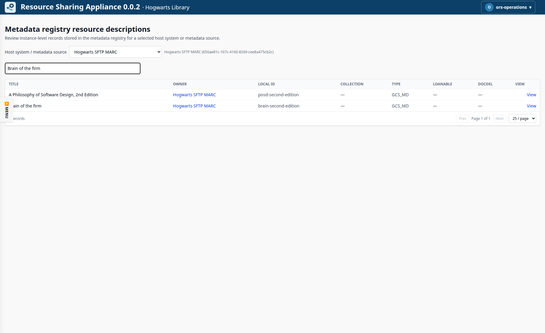 Hogwarts metadata registry filtered to two print monograph records owned by the Hogwarts SFTP MARC source.