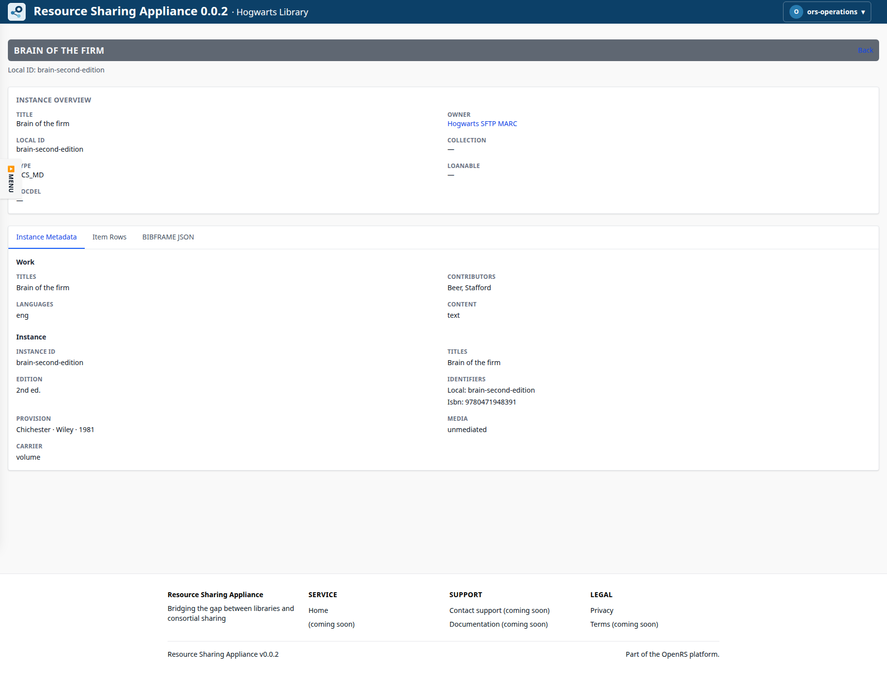 ORS-Appliance BIBFRAME metadata tab showing the Work and Instance for Brain of the firm.