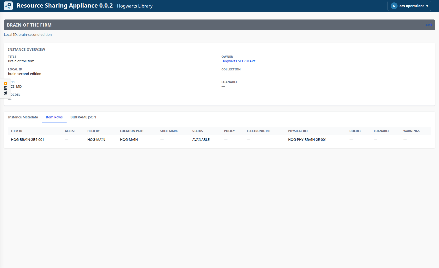 ORS-Appliance Item Rows tab showing a physical monograph item, holder, location, available status and physical reference.