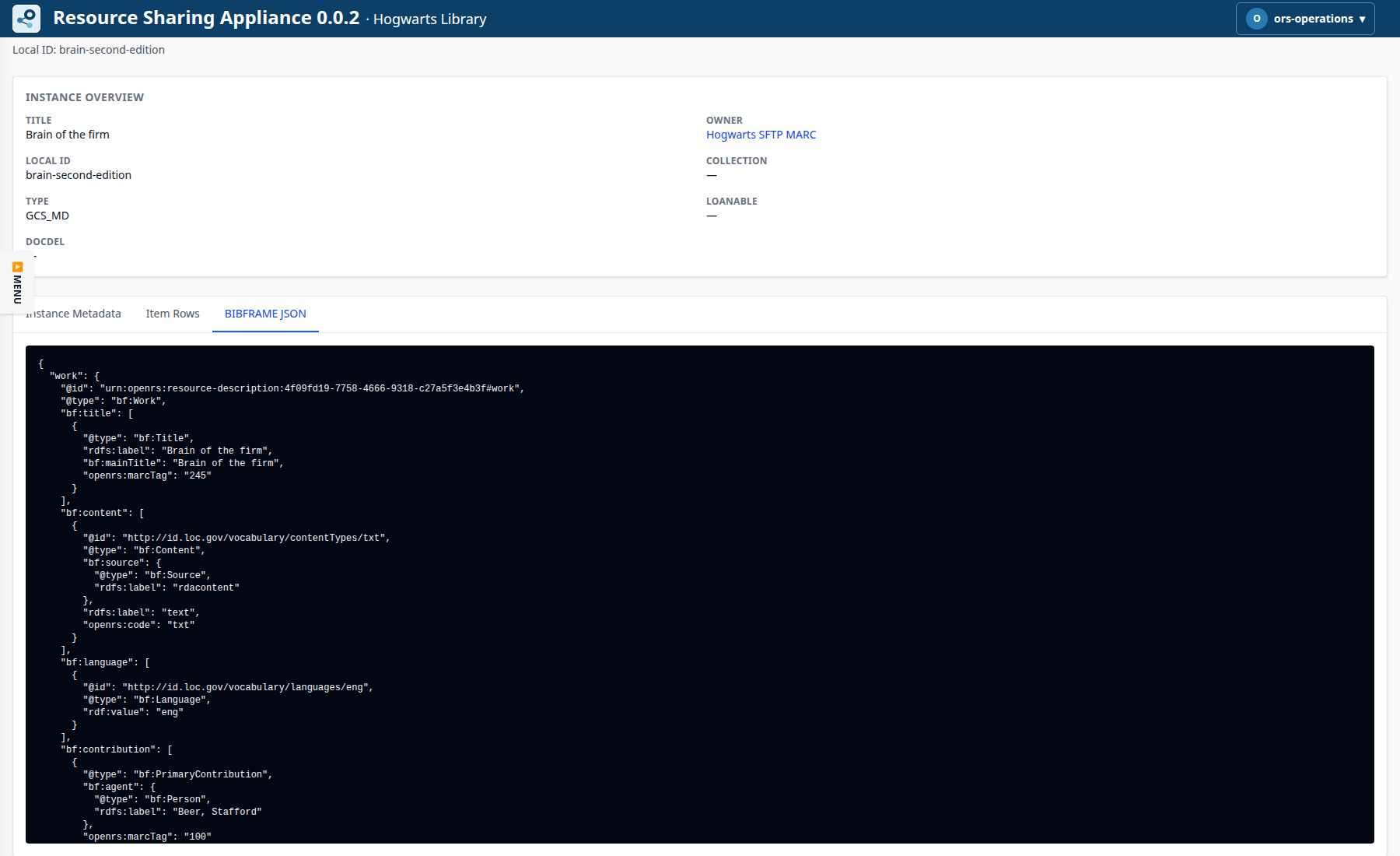ORS-Appliance canonical BIBFRAME JSON showing a Work node, title, content URI, language URI and contribution.