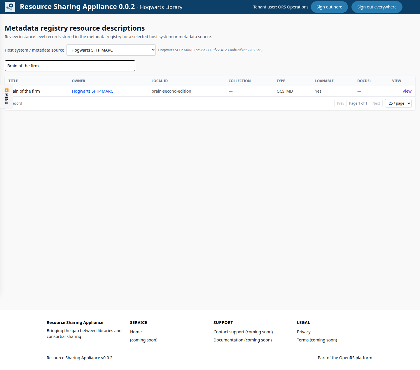 ORS-Appliance metadata registry showing the imported Brain of the Firm record.