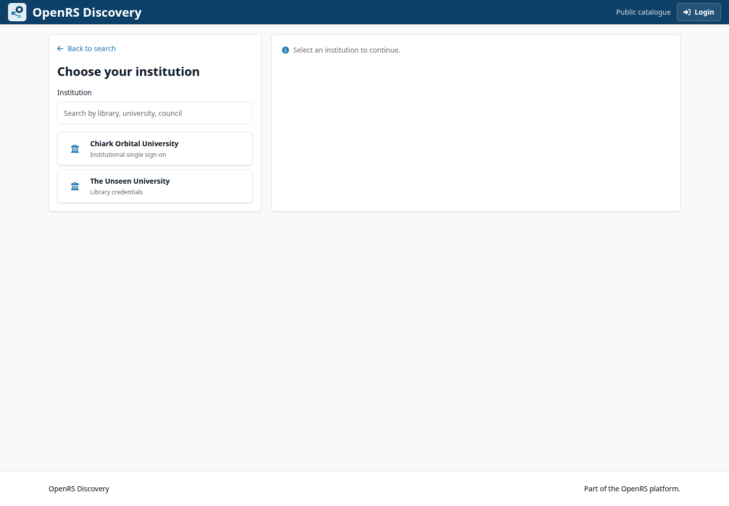 OpenRS Discovery home-institution chooser.