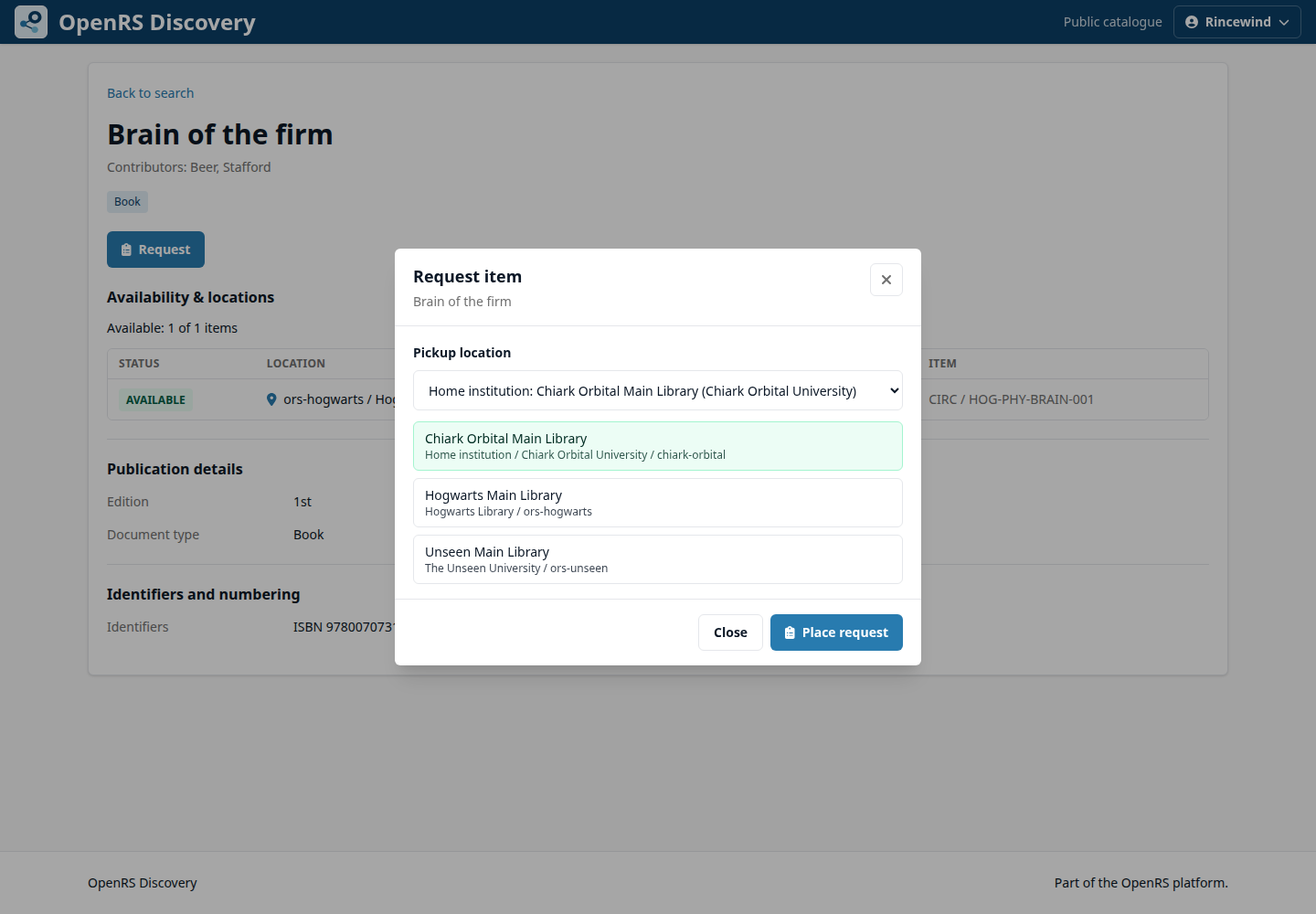 Request form with pickup-location choices.