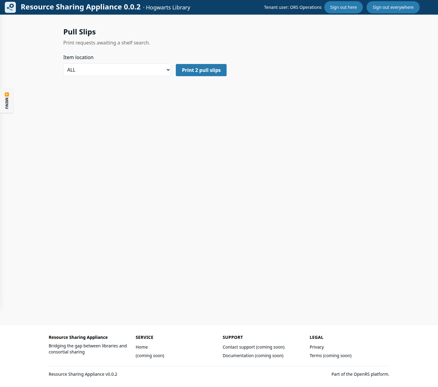 ORS-Appliance pull-slip queue filtered by item location.