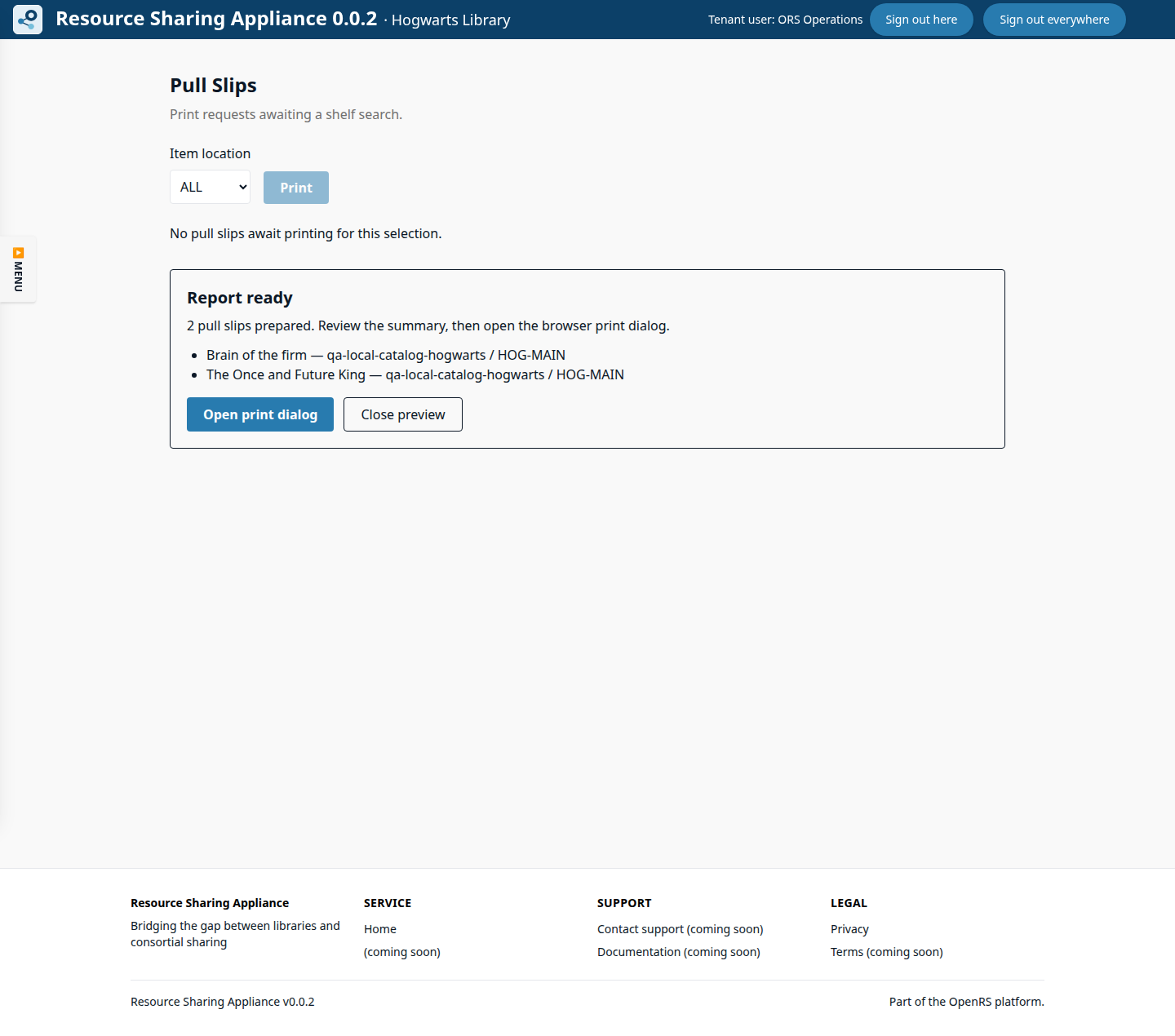 ORS-Appliance report-ready pull-slip preview.