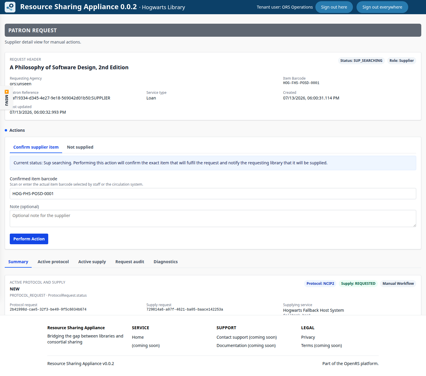 Supplier item confirmation screen with a barcode field.