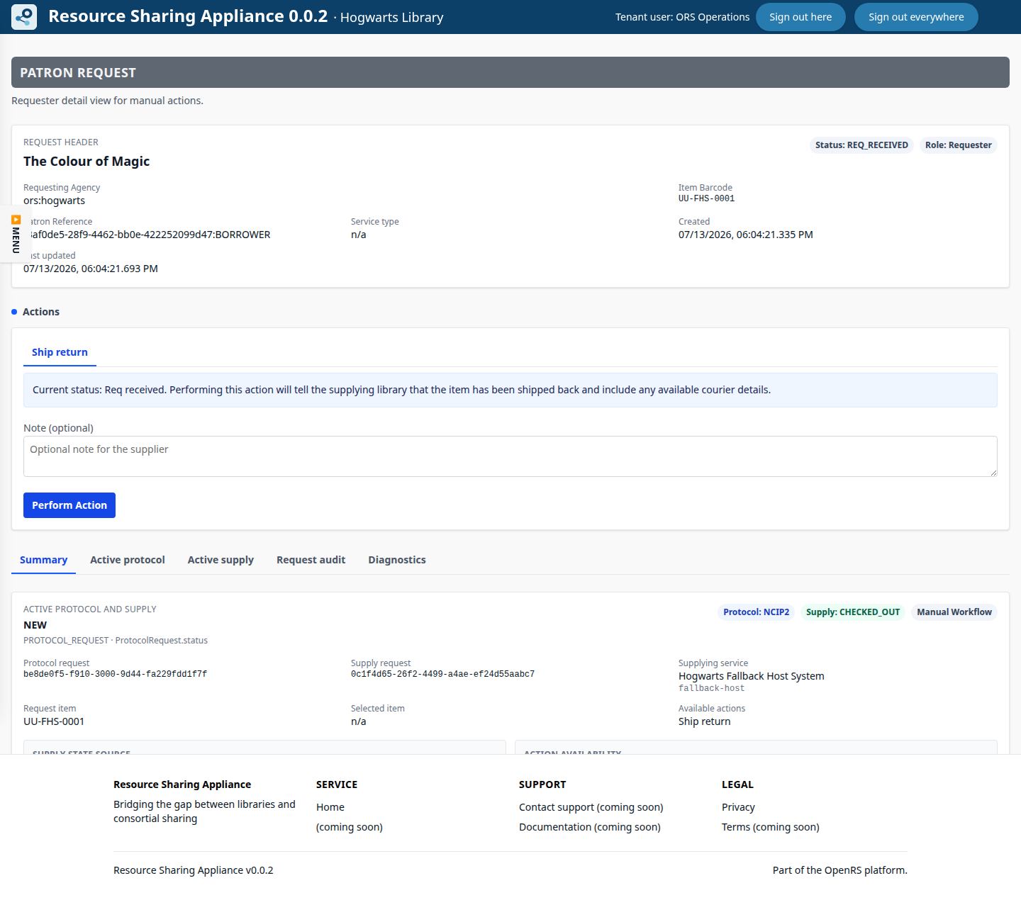 Requester handling screen after checkout to the patron.