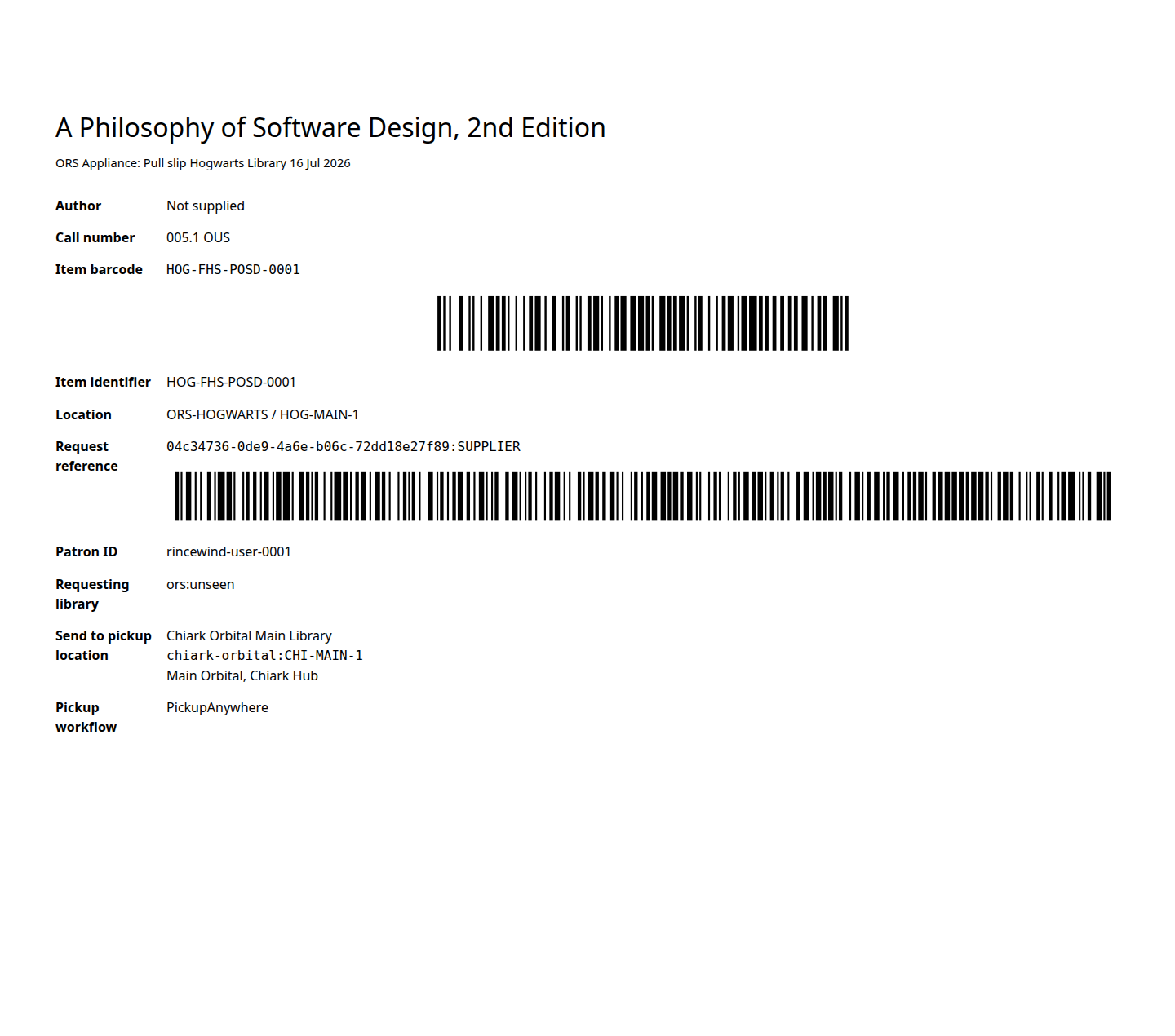 Printable pull-slip page with two barcodes and Chiark pickup-routing details.