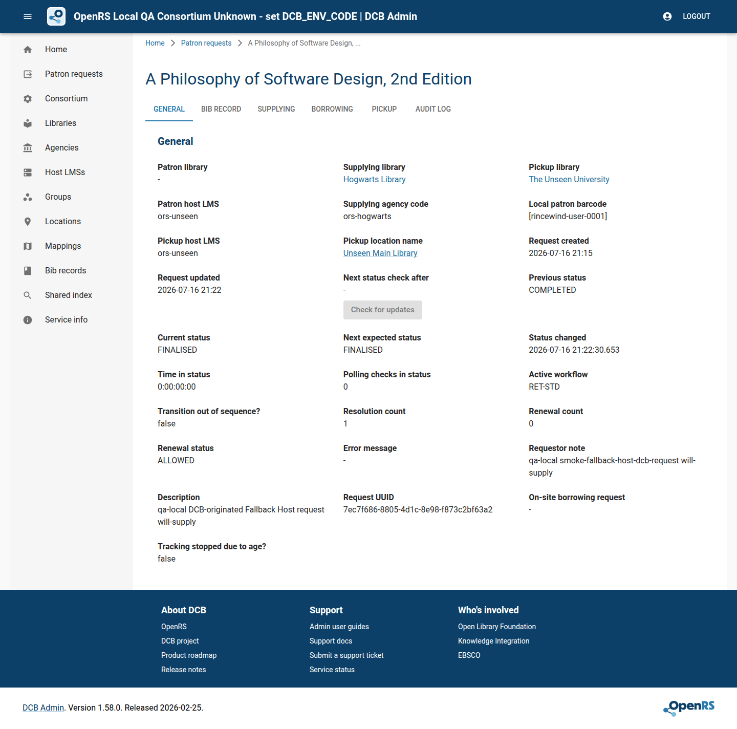 DCB Admin request detail showing current status Finalised.